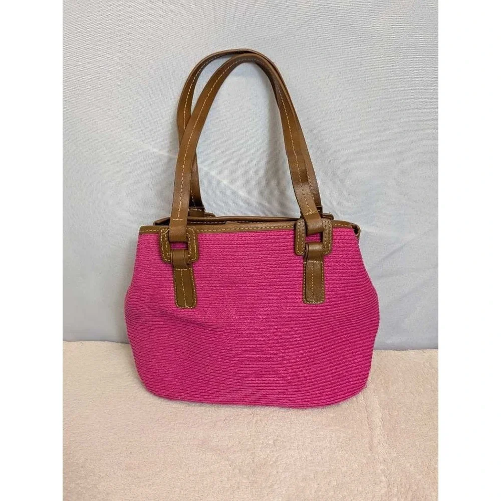 Cappelli Strawworld Tote Handbag Pink Woven Leather‎ Trim Summer Bag